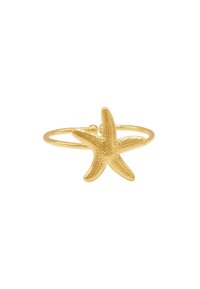 Anillo de estrella de mar dorado con superficie texturizada, que presenta una banda redonda simple y un destacado diseño de estrella de mar en la parte superior.