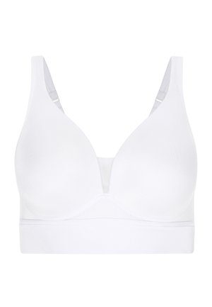 Weißer BH mit einem glatten, nahtlosen Design, das breite Träger und ein weiches Unterband bietet. Hergestellt aus dehnbarem Stoff, hat er einen einfachen, minimalistischen Look.