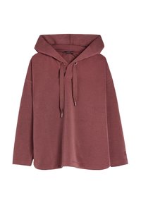 Brown hooded sweatshirt with long sleeves, made of soft fabric. Features an adjustable drawstring and a relaxed, oversized fit.