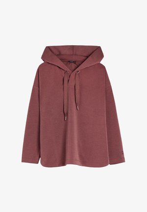 Brown hooded sweatshirt with long sleeves, made of soft fabric. Features an adjustable drawstring and a relaxed, oversized fit.