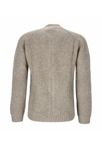 Knitted sweater in light brown with a ribbed texture. Features long sleeves and a rounded neckline; back view showing seam details.