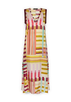 Mouwloze maxi-jurk met V-hals en patchworkpatroon van verticale en horizontale strepen in rood, geel, roze, blauw en bruin op crèmekleurige achtergrond.