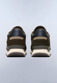 Green suede and navy leather sneakers with a white midsole, textured rubber outsole, and "NAPAPIJRI" branding on the heel.