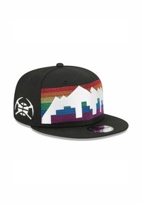 Black cap featuring a colorful mountain and cityscape design. The crown has rainbow stripes and white embroidered accents. Flat brim style.