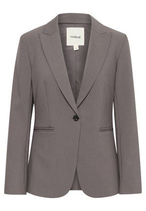 Grå blazer lavet af struktureret stof, med en enkelt sort knap, slidslapeller og to frontlommer med piped detaljer.