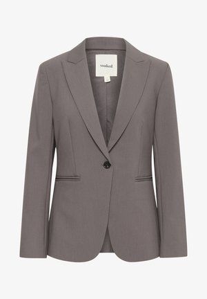 Grauer Blazer aus strukturiertem Stoff, mit einem einzigen schwarzen Knopf, Reverskragen und zwei vorderen Taschen mit Paspelierung.