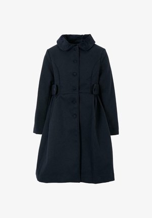 Cappotto in lana blu navy con collo a risvolto, sei bottoni frontali e due dettagli con cintura in tessuto in vita. Maniche lunghe e design fino al ginocchio.