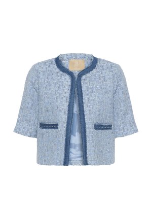 Light blue tweed jacket with a round neckline, short sleeves, and frayed edges. Features two front pockets with decorative accents.