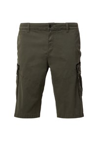 Bermudy w oliwkowym kolorze, wykonane z tkaniny, z bocznymi kieszeniami, zapięciem na guzik oraz przeszyciami na dołach i szwach.
