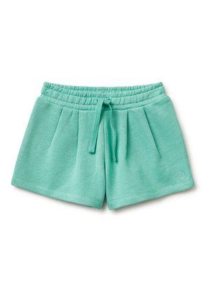 Shorts en tissu doux vert menthe avec ceinture élastique et cordon de serrage à l'avant, présentant des plis subtils et un petit logo brodé sur la jambe gauche.