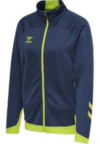 Chaqueta deportiva de la marina con acentos en verde lima, cierre frontal de cremallera completa, cuello alto y tejido texturizado con detalles impresos en los hombros.