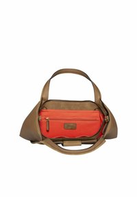 Braune Lederhandtasche geöffnet, um das leuchtend orangefarbene Innenfach mit Reißverschlusstasche und mehreren Fächern im Inneren zu zeigen.