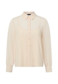 Przezroczysta bluzka w kolorze brzoskwiniowym z kołnierzykiem, długimi rękawami, zapięciem na guziki z przodu i subtelnymi teksturowanymi mankietami.