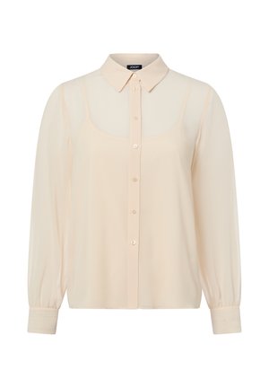 Perzikkleurige doorschijnende blouse met een kraag, lange mouwen, een knoopsluiting aan de voorkant en subtiele, gestructureerde manchetten.