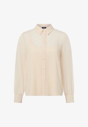 Perzikkleurige doorschijnende blouse met een kraag, lange mouwen, een knoopsluiting aan de voorkant en subtiele, gestructureerde manchetten.