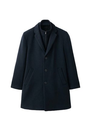 Oceanski volneni plašč z izrezano reverjo, tremi gumbi, dvema stranskima žepoma in zadrgo na notranji podlogi. Gladek tekstura in krojen kroj.