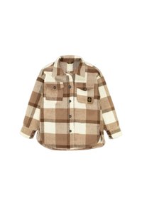 Camicia in flanella a quadri marrone e crema, con due tasche sul petto, bottoni e un orlo arrotondato, dal tocco morbido.