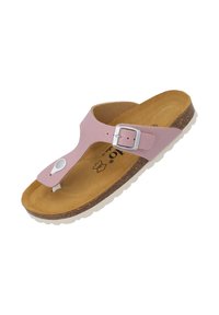 Roze teensandalen met een zilveren gesp, kurken voetbed en witte rubberen zool. De bovenkant heeft een afgerond uitsnijdend ontwerp.