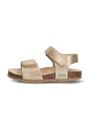 Gouden metallic sandalen met een gebarsten textuur, twee verstelbare klittenbandsluitingen, kurken zool en turquoise accenten aan de zijkant.