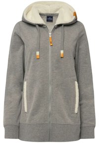 Felpa grigia con zip, dotata di un cappuccio interno in morbido pile bianco e tasche. Presenta dettagli arancioni e bianchi sui lacci e sui polsini.