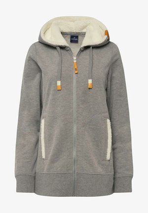 Grijze fleece-hoodie met een zachte, witte gevoerde capuchon en zakken. Kenmerkt oranje en witte accenten op de koordjes en manchet.