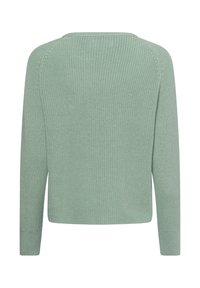 Mintgrüner gestrickter Pullover mit Rundhalsausschnitt und langen Ärmeln, einem strukturierten Muster und einem lässigen, cropped Schnitt.