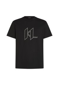 Melna kokvilnas T-kreklu, ar baltu studs KL logotipu priekšpusē. Īsas piedurknes un apaļa kakla izgriezums. Vienkāršs dizains.