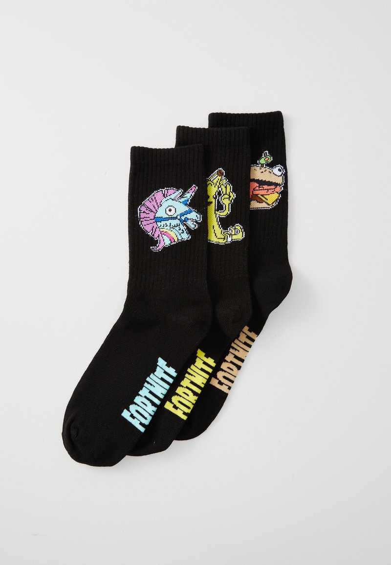 Três meias pretas de Fortnite com designs coloridos de unicórnio, llama e emoji de hambúrguer empilhadas uma ao lado da outra.