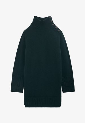 Jersey de cuello alto verde oscuro con puños y dobladillo acanalados. Presenta seis botones en el hombro izquierdo. Material de punto suave y texturizado.