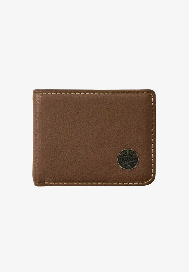 Brown leather wallet with textured surface, stitched edges, and a circular metal logo detail on the front. Compact rectangular design.