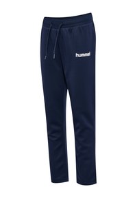 Pantalon de sport bleu marine avec taille élastique et cordon, avec logo blanc "hummel" sur la partie haute de la cuisse gauche.