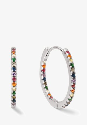 Silver hoop earrings featuring a row of multicolored gemstones along the edge, showcasing an oval shape and smooth texture.
