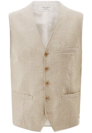 Beige Leinenweste für Herren mit vier braunen Knöpfen, drei Vorderentaschen und dezent strukturiertem Stoff, mit dem Etikett Carl Gross Concept Green.