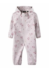 Rosa blommönstrad one-piece dräkt med dragkedja, huva och elastiska muddarna. Har ett mönster av små blommor och gröna detaljer.
