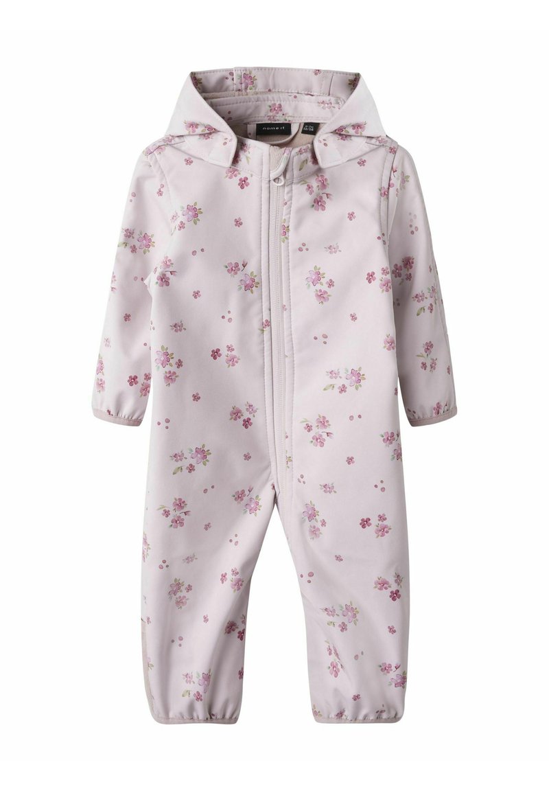 Rosa blommönstrad one-piece dräkt med dragkedja, huva och elastiska muddarna. Har ett mönster av små blommor och gröna detaljer.