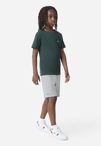 Grøn bomuld T-shirt, grå shorts, hvide sneakers med accenter. Simpelt design med en lille grøn logo på brystet og på shorts.