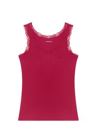 Ærmeløs rød tanktop med dentilkant langs udskæringen og armhullerne. Lavet af blødt stof med en glat tekstur. Ensfarvet design.