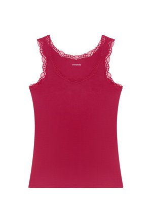 Bezramenný červený top s krajkovým detailem kolem výstřihu a průramků. Vyrobeno z měkké látky s hladkou texturou. Jednoduchý design.