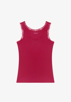 Bezramenný červený top s krajkovým detailem kolem výstřihu a průramků. Vyrobeno z měkké látky s hladkou texturou. Jednoduchý design.
