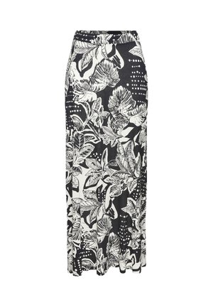 Maxi-Rock in Schwarz und Weiß mit floralem Muster. Hergestellt aus weichem Stoff, verfügt er über einen taillierten Bund und eine fließende Silhouette.