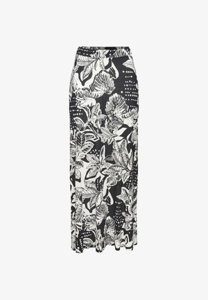 Maxi-Rock in Schwarz und Weiß mit floralem Muster. Hergestellt aus weichem Stoff, verfügt er über einen taillierten Bund und eine fließende Silhouette.