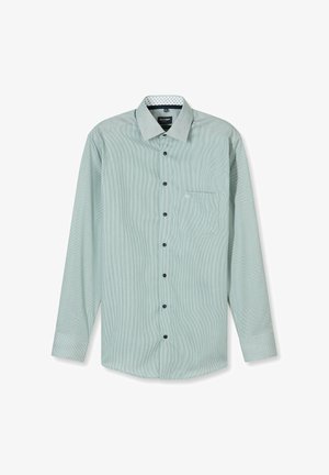 Langärmliges, hellgrünes Hemd mit dünnen vertikalen Streifen, Brusttasche und dunklen Knöpfen vor weißem Hintergrund.