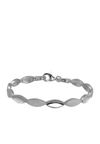 Bracelet en argent avec des maillons ovales, présentant une finition texturée et un motif central incrusté de petites pierres. Comprend un fermoir mousqueton.