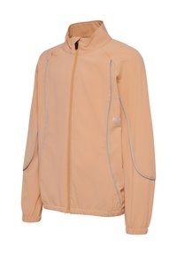 Lys orange zip-up jakke med høj krave, elastiske manchetter og grå piping langs sømmene. Fremstillet af letvægts, tekstureret stof.