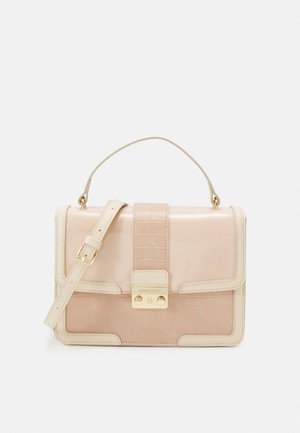 Beige handbag with a glossy faux leather finish. Features a crocodile-embossed front flap, gold hardware, and an adjustable shoulder strap.