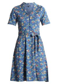 Blå kortärmad klänning med blommönster i rött, gult och grönt. Har krage, knappframsida och ett knytbälte i midjan.