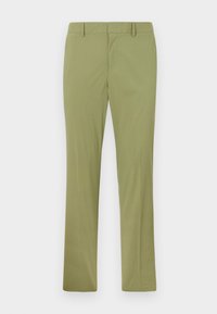Pantalones verde caqui con un diseño de pierna recta, frente plano y trabillas para cinturón. Hechos de una tela suave con un ligero brillo.