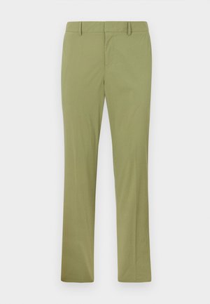 Khaki-green trousers with a straight-leg design, flat front, and belt loops. Made from smooth fabric with a subtle sheen.