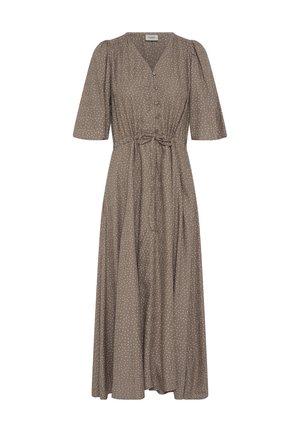 Robe midi marron à pois blancs, boutonnée devant, col en V, manches mi-longues et ceinture nouée à la taille.