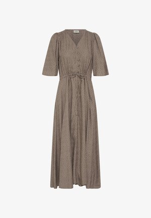 Robe midi marron à pois blancs, boutonnée devant, col en V, manches mi-longues et ceinture nouée à la taille.